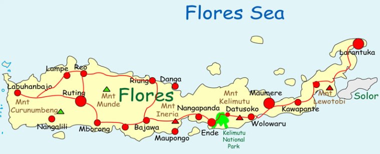 I have included this map before, it is just to show the route we took across Flores. The lime green splodge is Mt Kelimutu, and Moni was just at the base of it. 